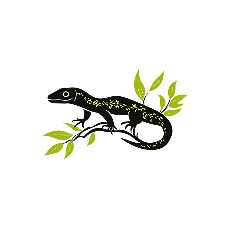 PSD black lizard on branch with green leaves nature illustration