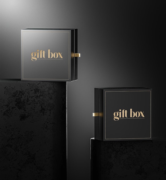 PSD black luxury gift jewelry box mockup on black concrete background for branding 3d render