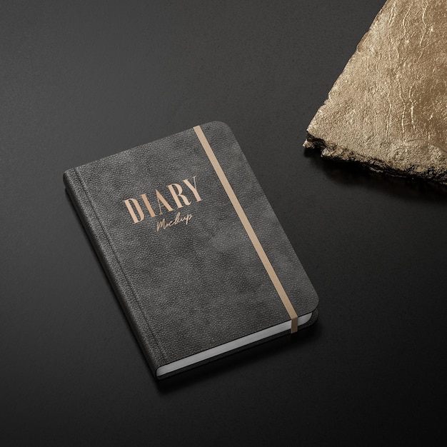 Black luxury leather diary logo product mockup on black background 3d render