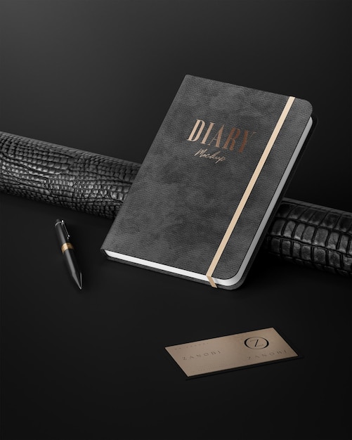 black luxury leather diary logo product mockup black leather background 3d render