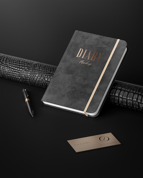 PSD black luxury leather diary logo product mockup black leather background 3d render