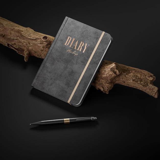 Black luxury leather diary logo product mockup tree branch background 3d render