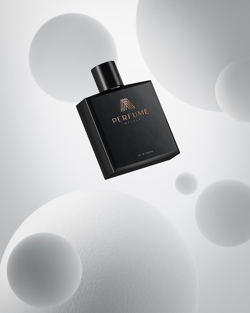 Черный роскошный парфюм с плавающим логотипом макет продукта на белом абстрактном круглом фоне 3d рендеринг