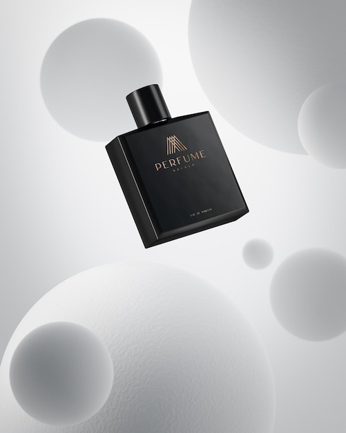 Black luxury perfume floating logo product mockup on white abstract round background 3d render