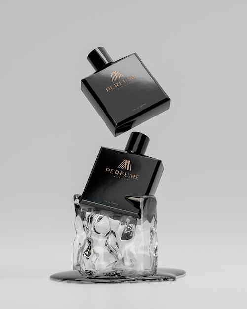 PSD black luxury perfumes on ice logo product mockup on white background 3d render