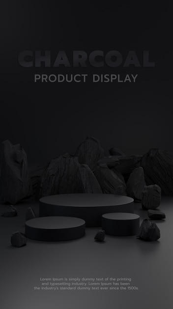 PSD black luxury podium pedestal for product showcase background decorated with charcoal, 3d rendering