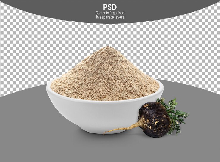 PSD black maca powder in white bowl isolated on transparent background