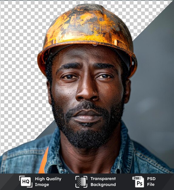 PSD Черный мужчина строитель в синей куртке с шлемом черная борода большой нос коричневые глаза3939