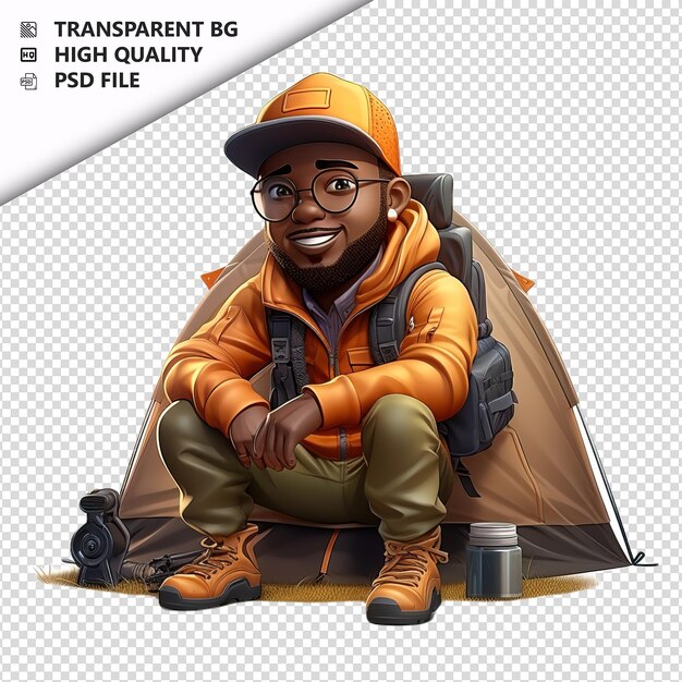 Black man camping 3d cartoon style witte achtergrond isola