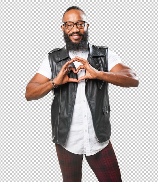 Черный человек делает символ сердца