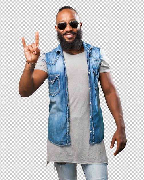 PSD black man doing a rock gesture