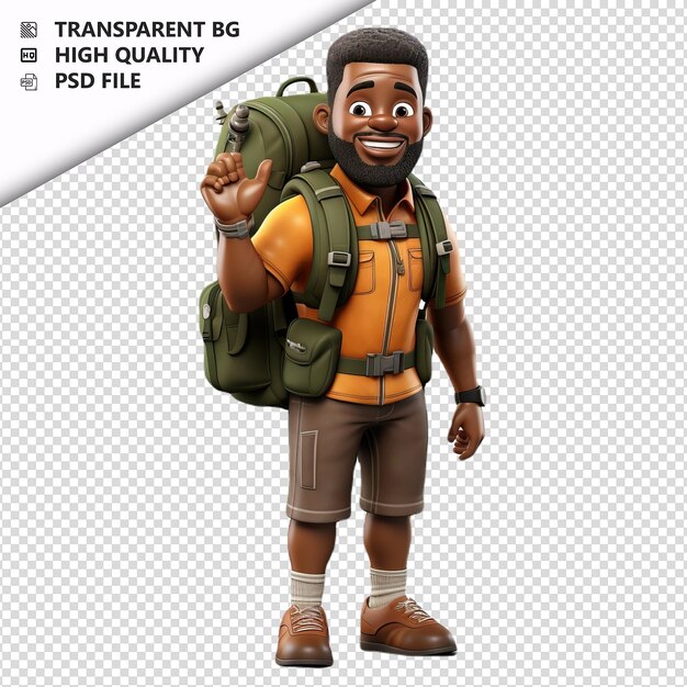 PSD black man hiking 3d cartoon style white background isolat