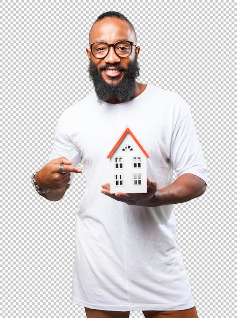 Black man holding a house on white