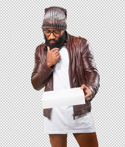 PSD black man holding a white box