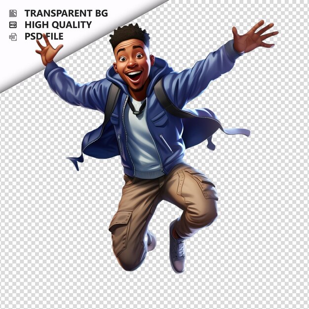 PSD black man jumping 3d cartoon style white background isola