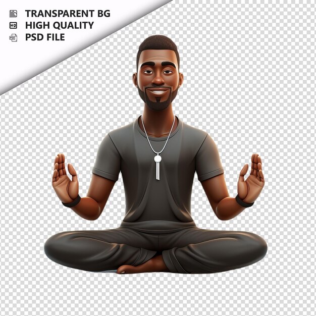 PSD l'uomo nero che medita in stile cartone animato 3d sullo sfondo bianco è