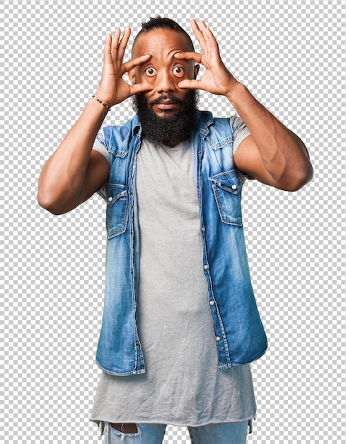 PSD black man opening eyes on white