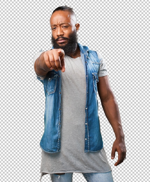 Black man pointing front on white