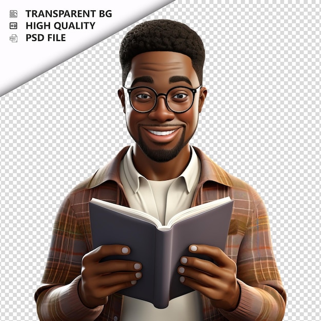 PSD Черный человек читает в 3d в стиле мультфильмов на белом фоне