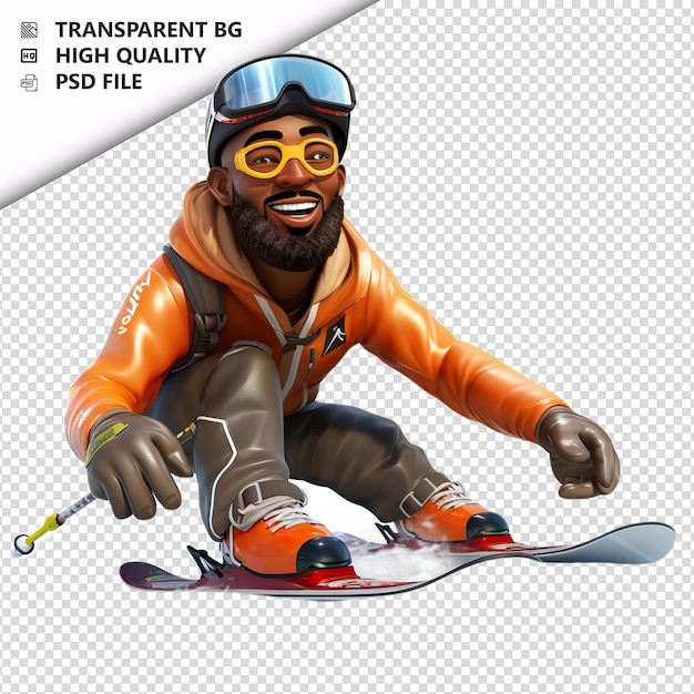 PSD black man skiing 3d cartoon style white background isolat