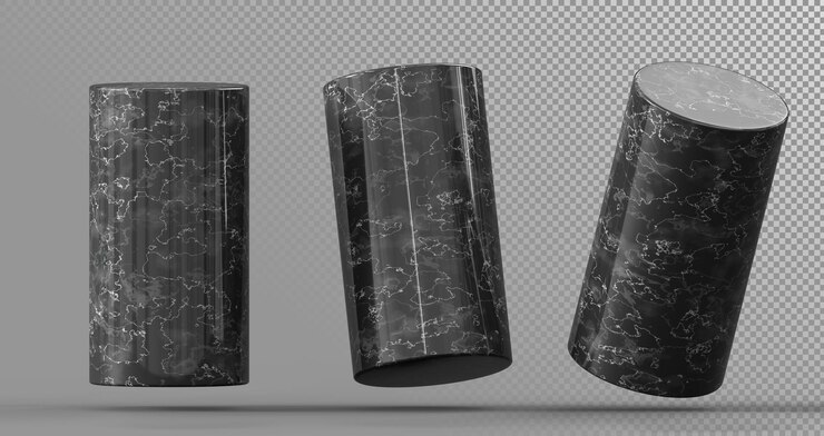 PSD подиум из черного мрамора в виде цилиндра, 3d-рендеринг, набор иконок. роскошный пьедестал для наградной колонны, пустая каменная колонна, платформа, геометрический стенд для демонстрации макета презентации продукта, сцена в музее, 3d иллюстрация