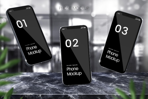 Mockup di smartphone in marmo nero perfetto per la visualizzazione di app o social media