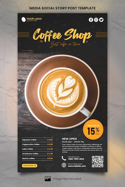 PSD black media social story template for coffee shop menu