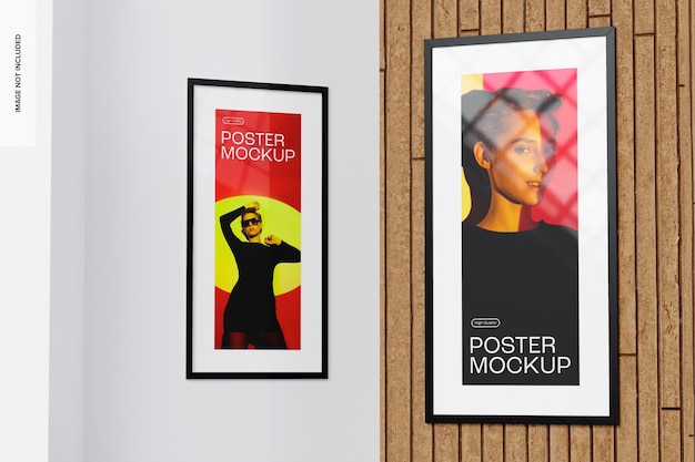 Black metallic frame posters mockup, side view