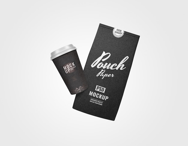 Black minimal sachet and cup bakery set mockup