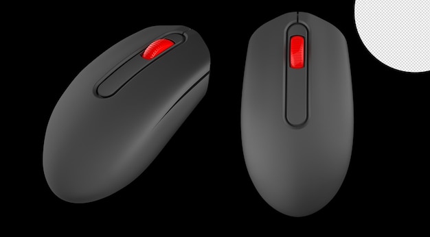 A black mouse with a red button is next to a black background.