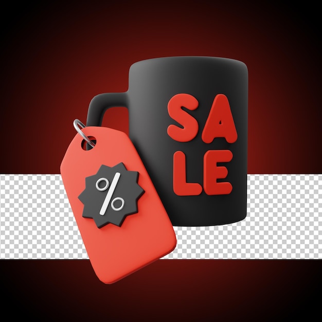 PSD a black mug with a sale tag and a red tag.