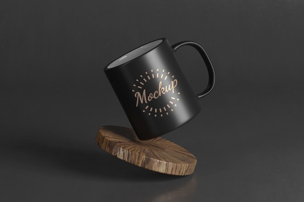 PSD black mug on wooden coaster