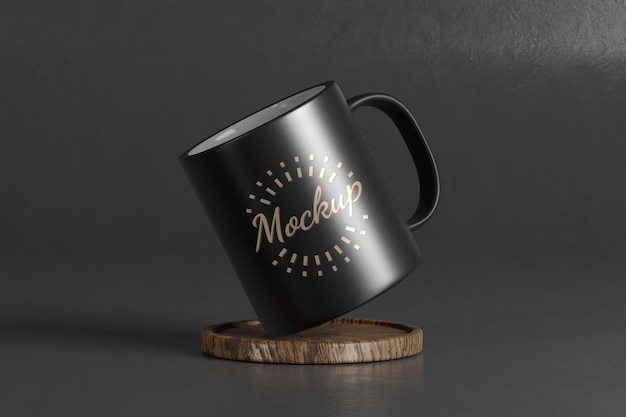 PSD black mug on wooden coaster