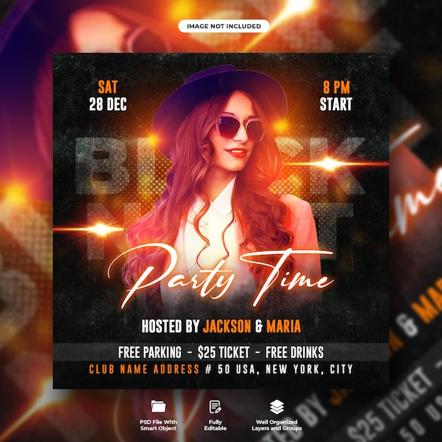 Black night dj party flyer social media post and web banner template