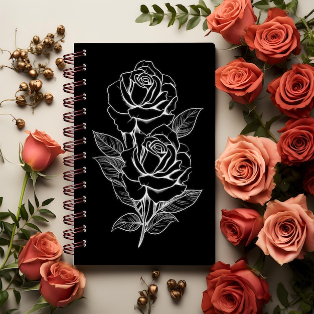 PSD black notebook mockup su sfondo bianco con fiore di rosa