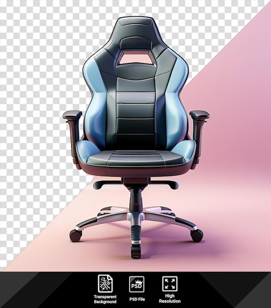 PSD a black office chair with a black wheel sits on a pink floor against a pink wall with a black armrest visible in the foreground