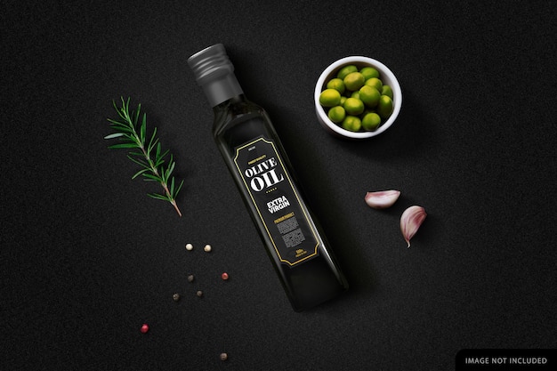 Black olive oil bottle mockup in black background