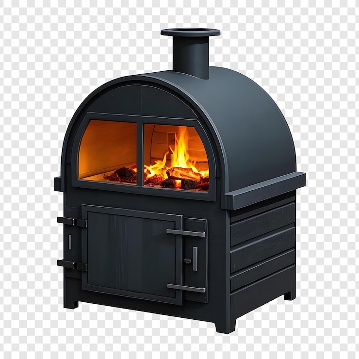 PSD a black oven with a fire in the window