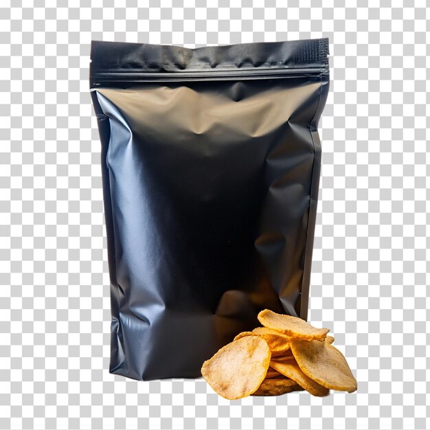 PSD black packaging for food chips on transparent background