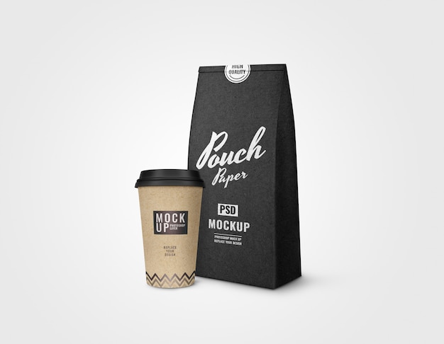 Black paper pouch and coffee cup mockup