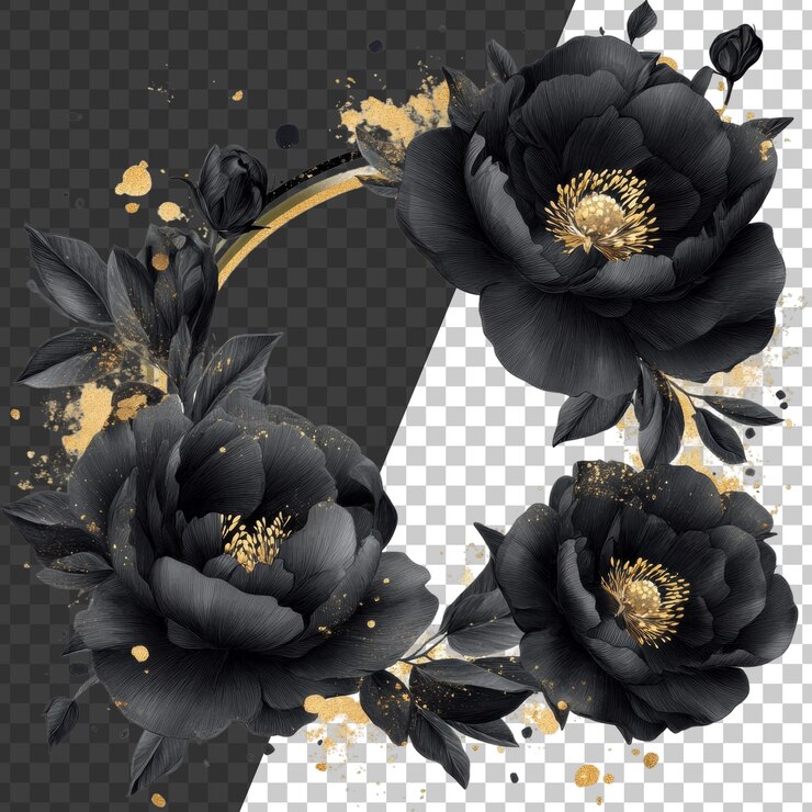 PSD black peonies and gold accents cut out stock png