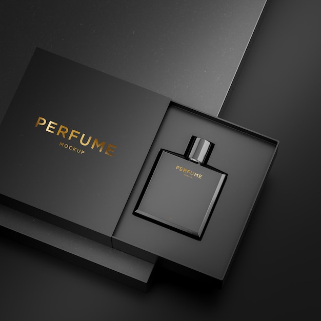 PSD black perfume bottle logo mockup for brand identity 3d render