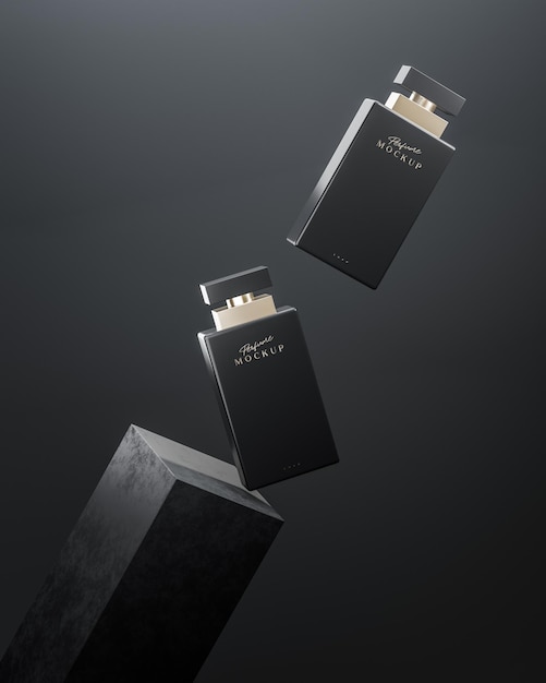 PSD黑香水瓶标志模型为奢侈品牌介绍黑色背景3 d渲染