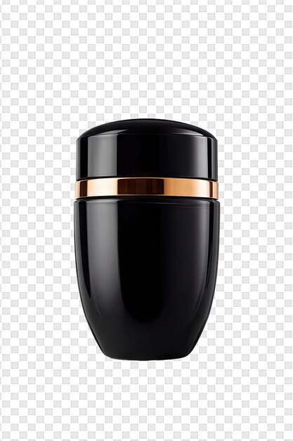 A black perfume bottle with gold trim and a gold band