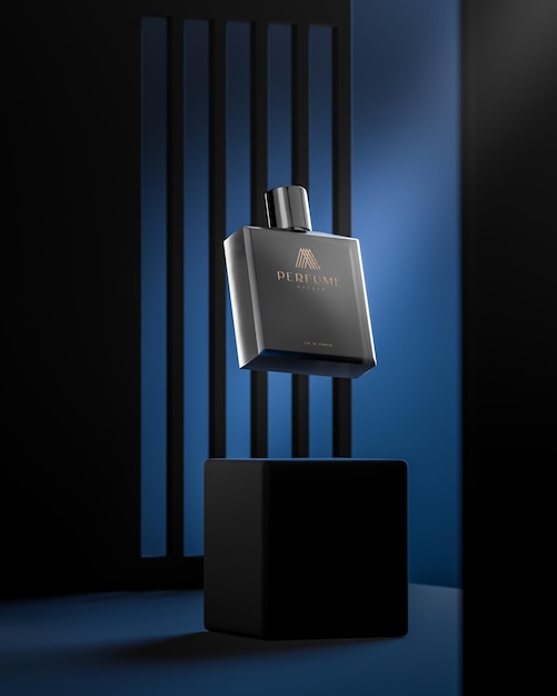 Black perfume floating logo product mockup on black background 3d render