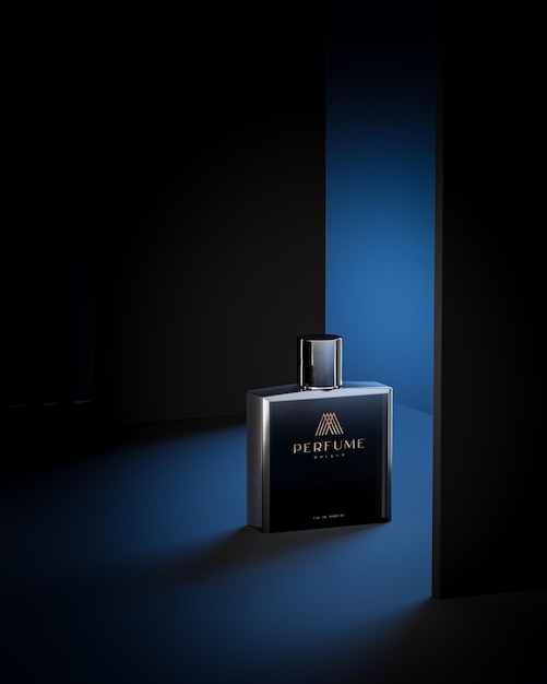 PSD mockup di prodotto con logo profumo nero su sfondo nero blu chiaro rendering 3d