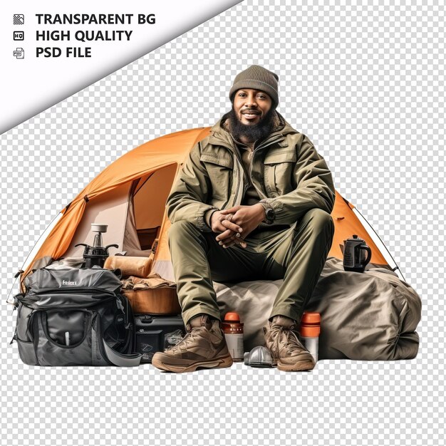 PSD black person camping ultra realistic style white backgrou