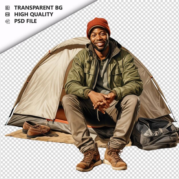 PSD black person camping ultra realistic style white backgrou