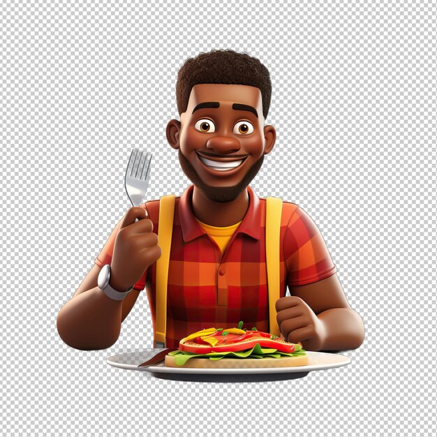 PSD black person dining 3d cartoon style transparent background iso