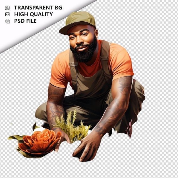 Black person gardening ultra realistic style white backgr